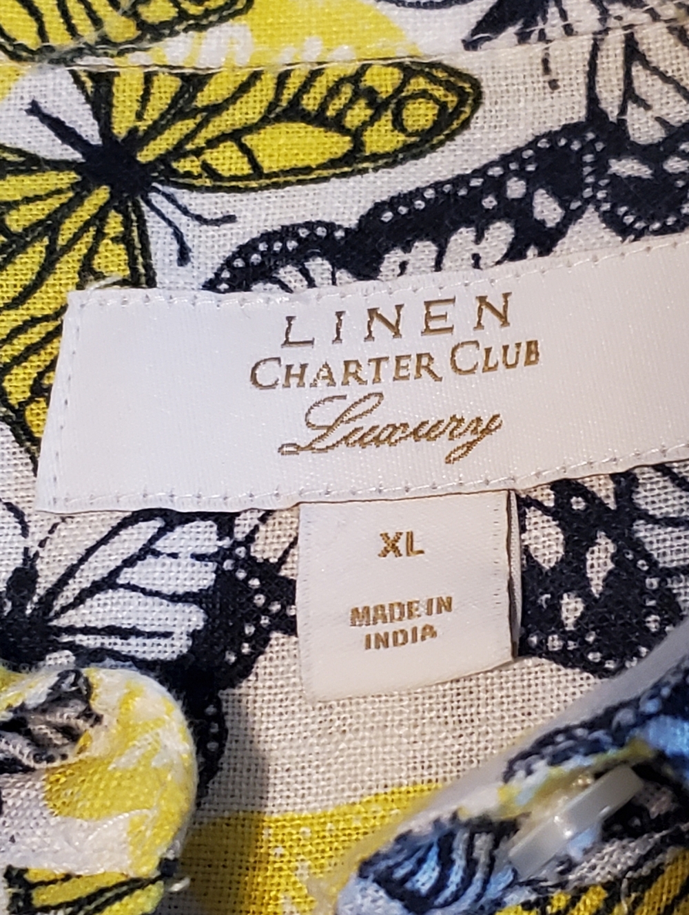 Charter Club Linen Luxury Shirt Large Button Up Blue Yellow Butterflies - Picture 3 of 6